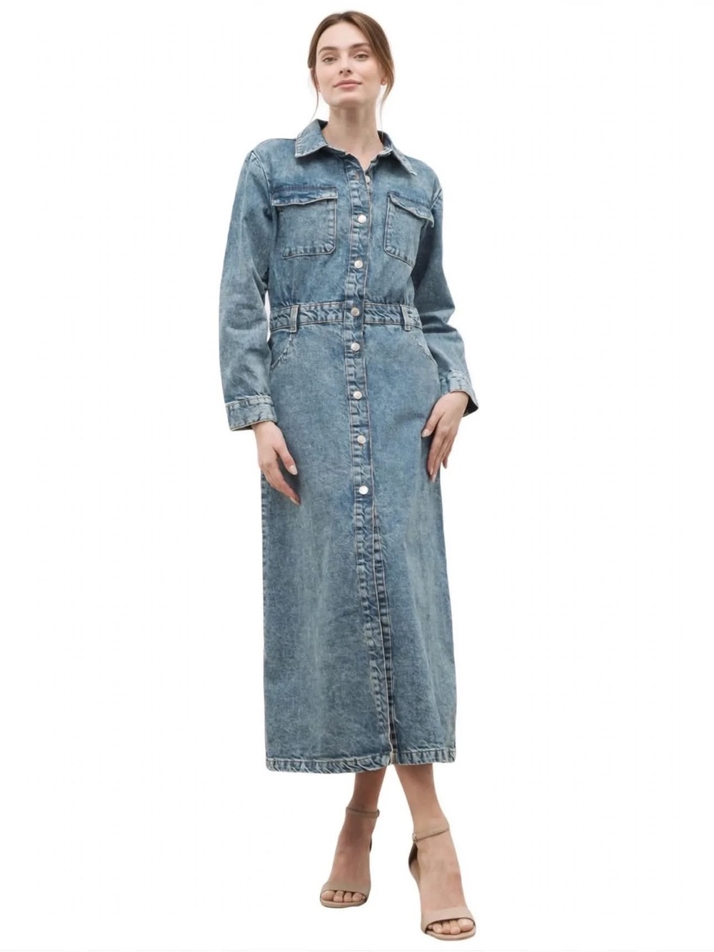 Aaron & Amber Acid Wash Denim Midi Dress M Long Sleeve Button Front Wester